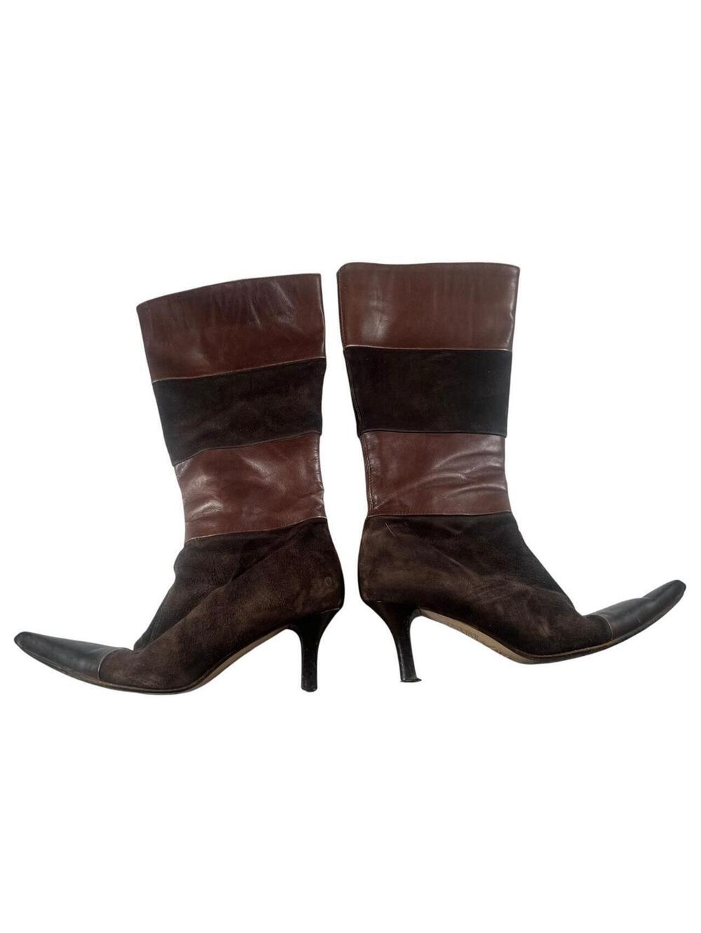Italian Vintage Leather & Suede Pointed Toe Mid Calf Kitten Heel Boots